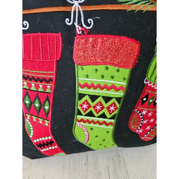 Stocking pillow Xmas 14x14 tree red green embroidered glitter - Picture 3 of 6